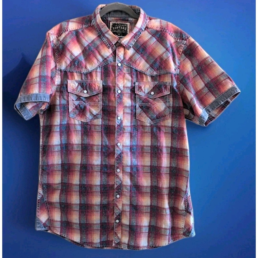 BKE Vintage Mens XL Short Sleeve Western Pearl Snap Red & Blue Plaid Shirt EUC